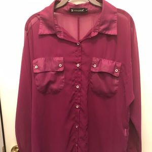 Sheer Fuchsia Polyester Long-Sleeved Dress Office Blouse